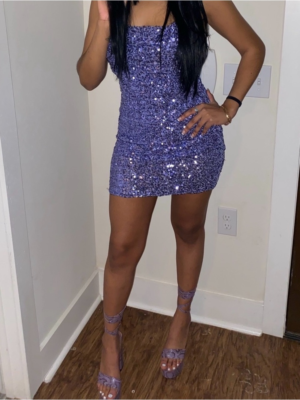 Sequin Strapless Mini Dress in Lavender Purple